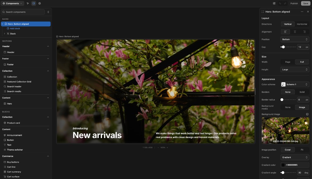 Components view with saved section preview