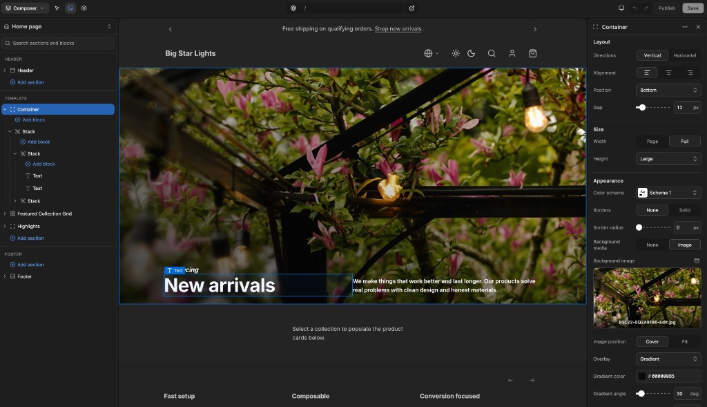 Nyxel Composer view with a live storefront preview and inspector